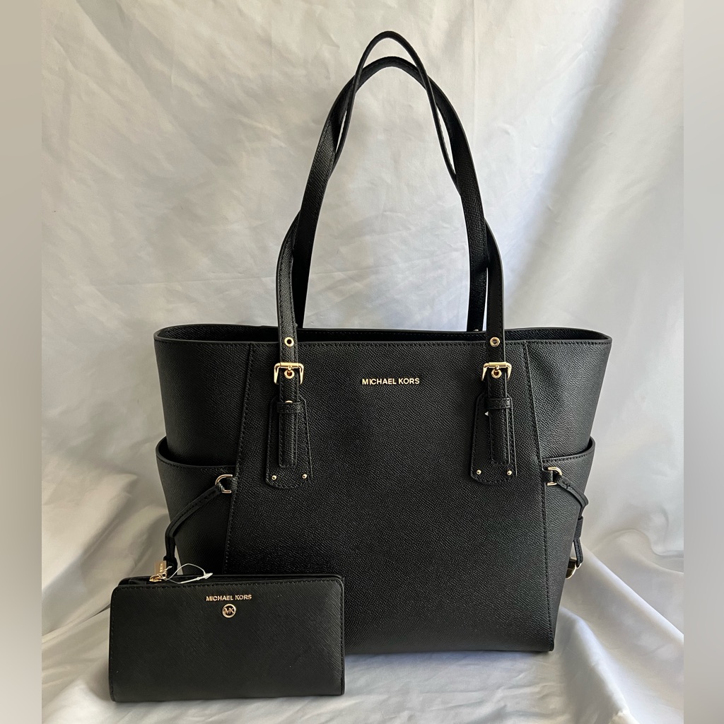 New Michael Kors Voyager East West Crossgrain Leather Tote & Wallet